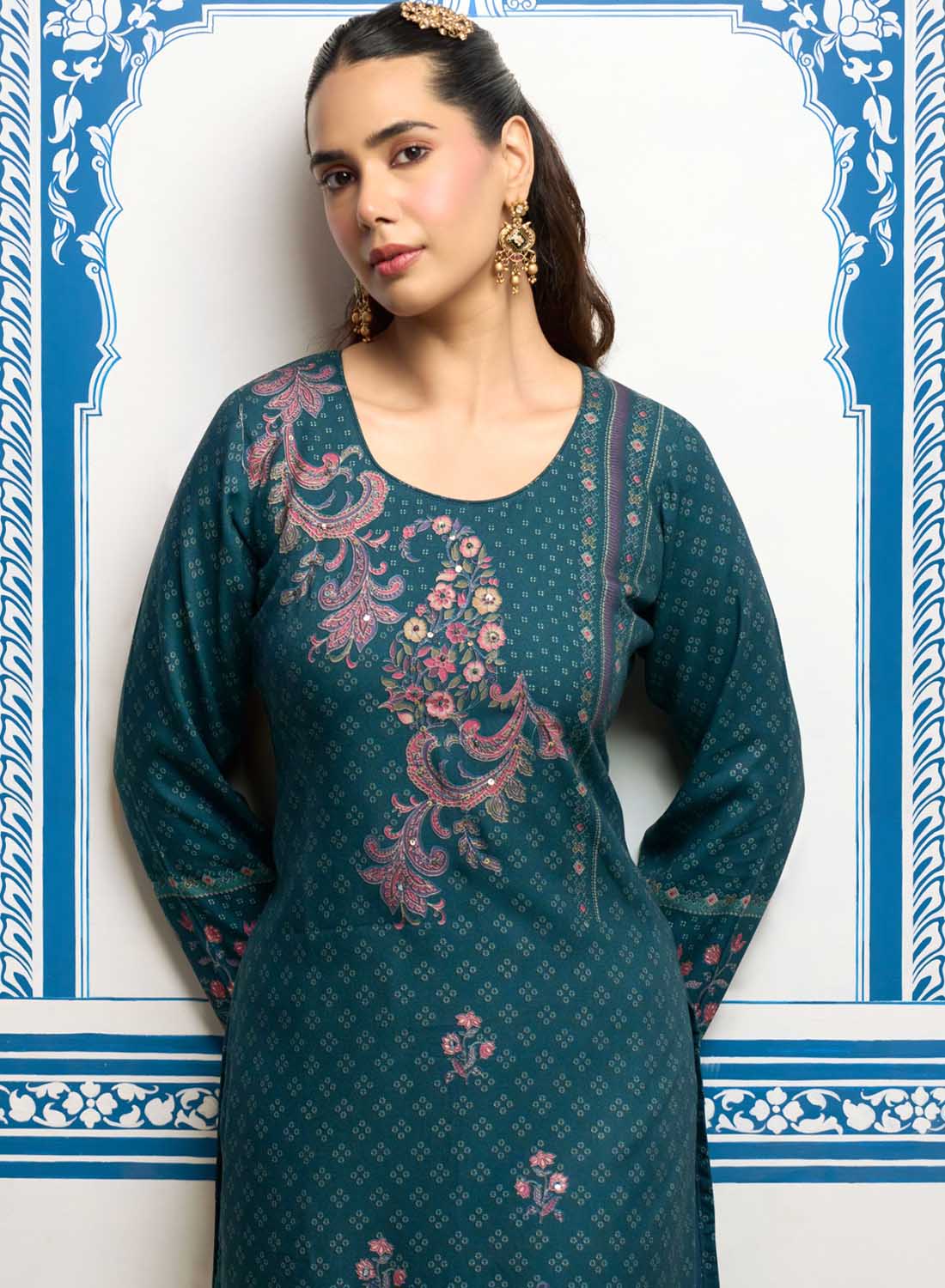 Teal Green Winter Pashmina Unstitched Salwar Suit Set Dress Material