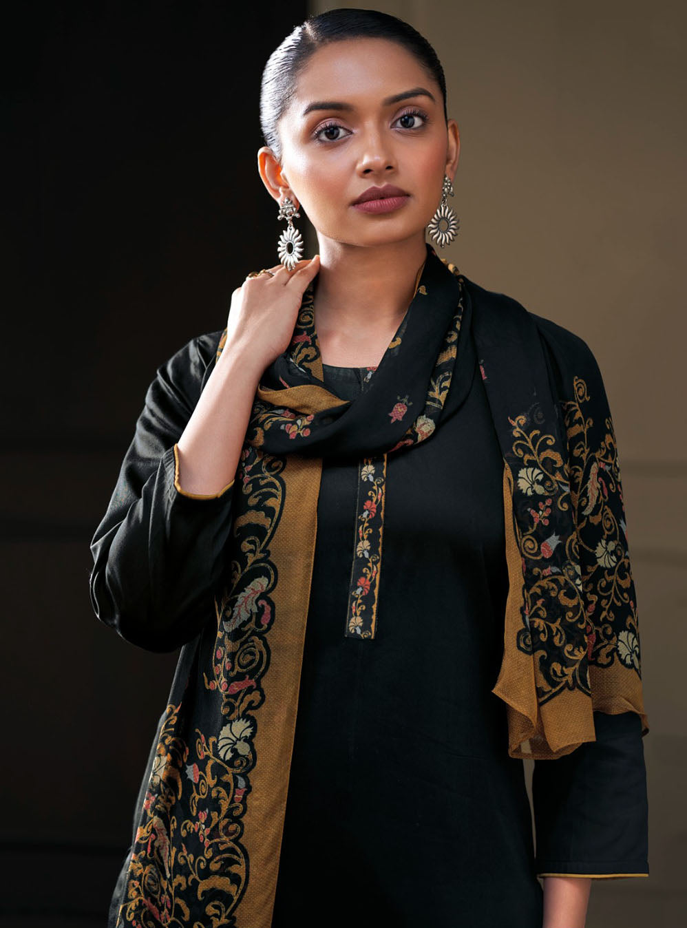 Ganga Cotton Silk Black Unstitched Salwar Suit Material with Chiffon Dupatta