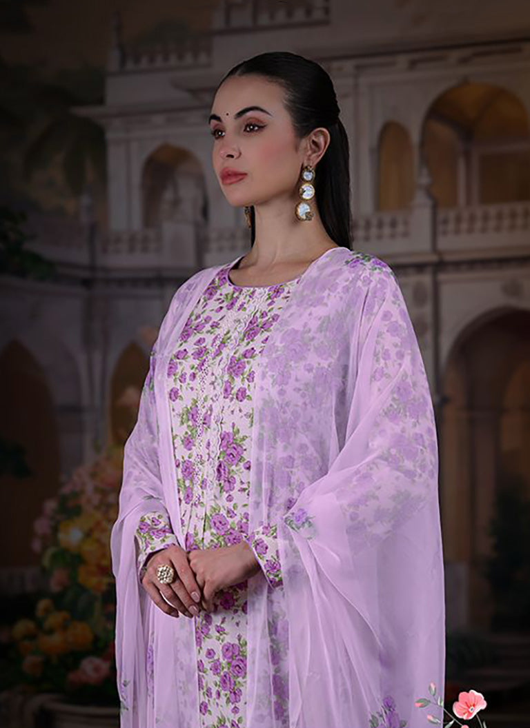 Light Purple Pure Cotton Unstitched Suit Set with Chiffon Dupatta
