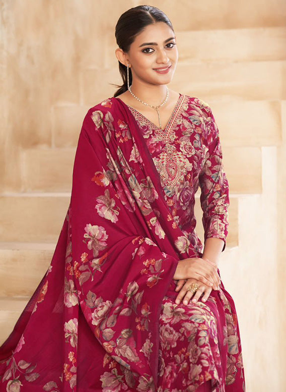 Fancy Red Modal Muslin Unstitched Salwar Suit Material with Dupatta