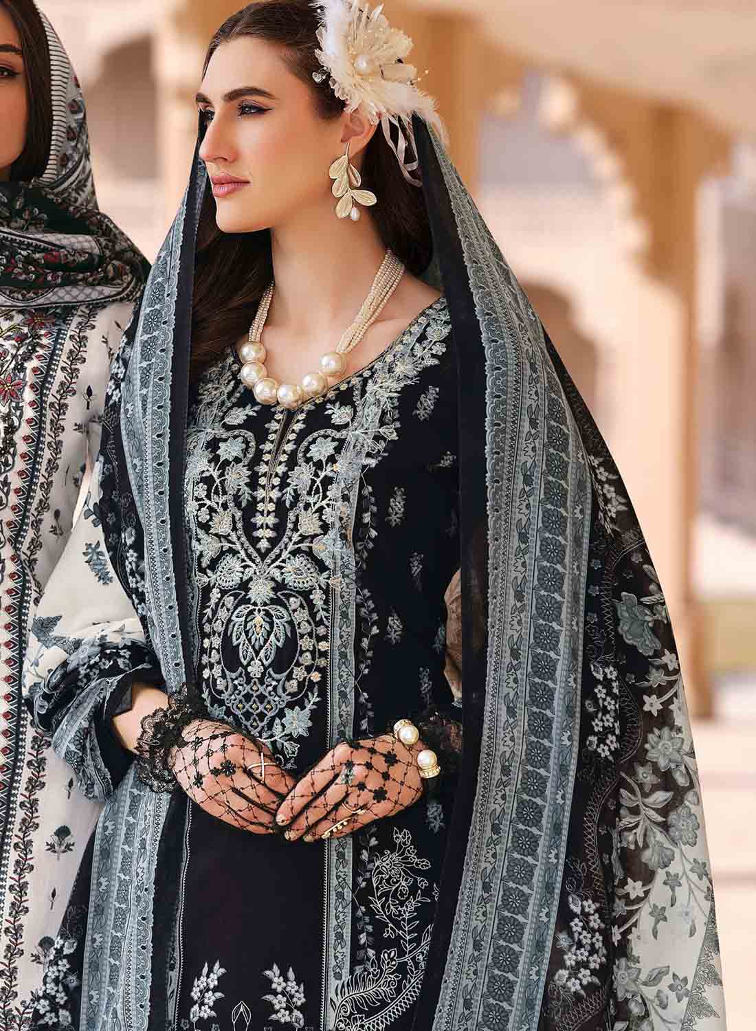 Pakistani Print Black Unstitched Pure Cotton Salwar Suit Material with Embroidery