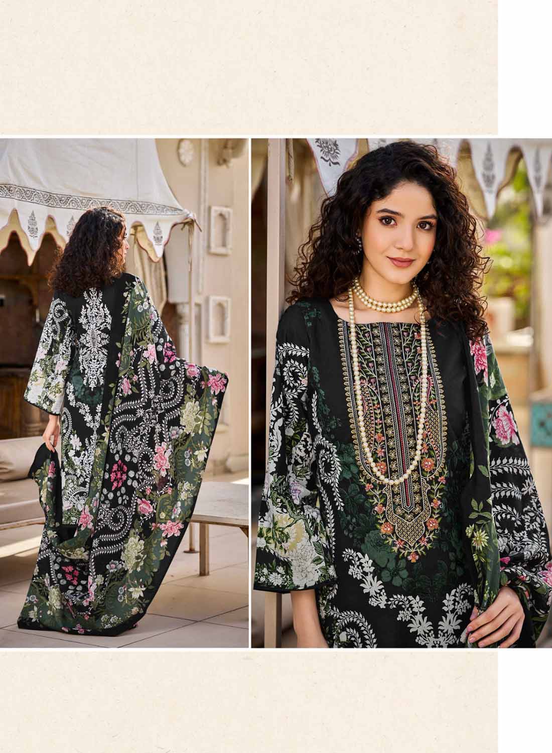 Black Pakistani Print Unstitched Pure Cotton Suit Set Dress Material