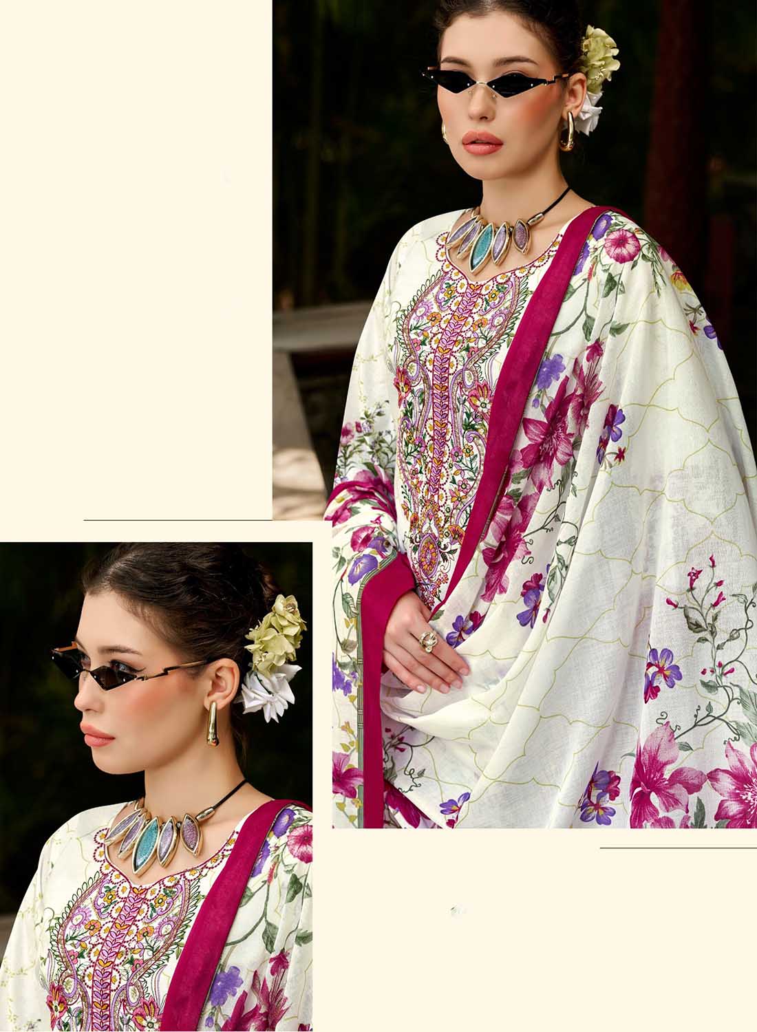 Pakistani Pure Cotton Unstitched Suit Material with Embroidery White