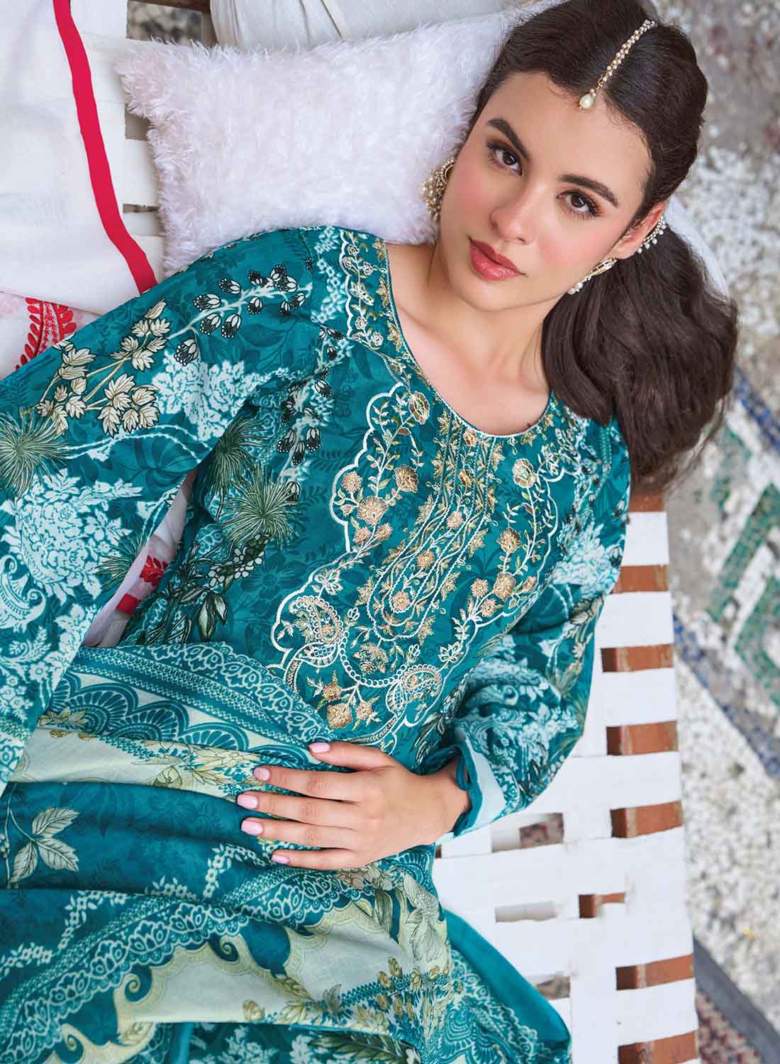 Pakistani Print Unstitched Pure Cotton Suit Fabric with Embroidery