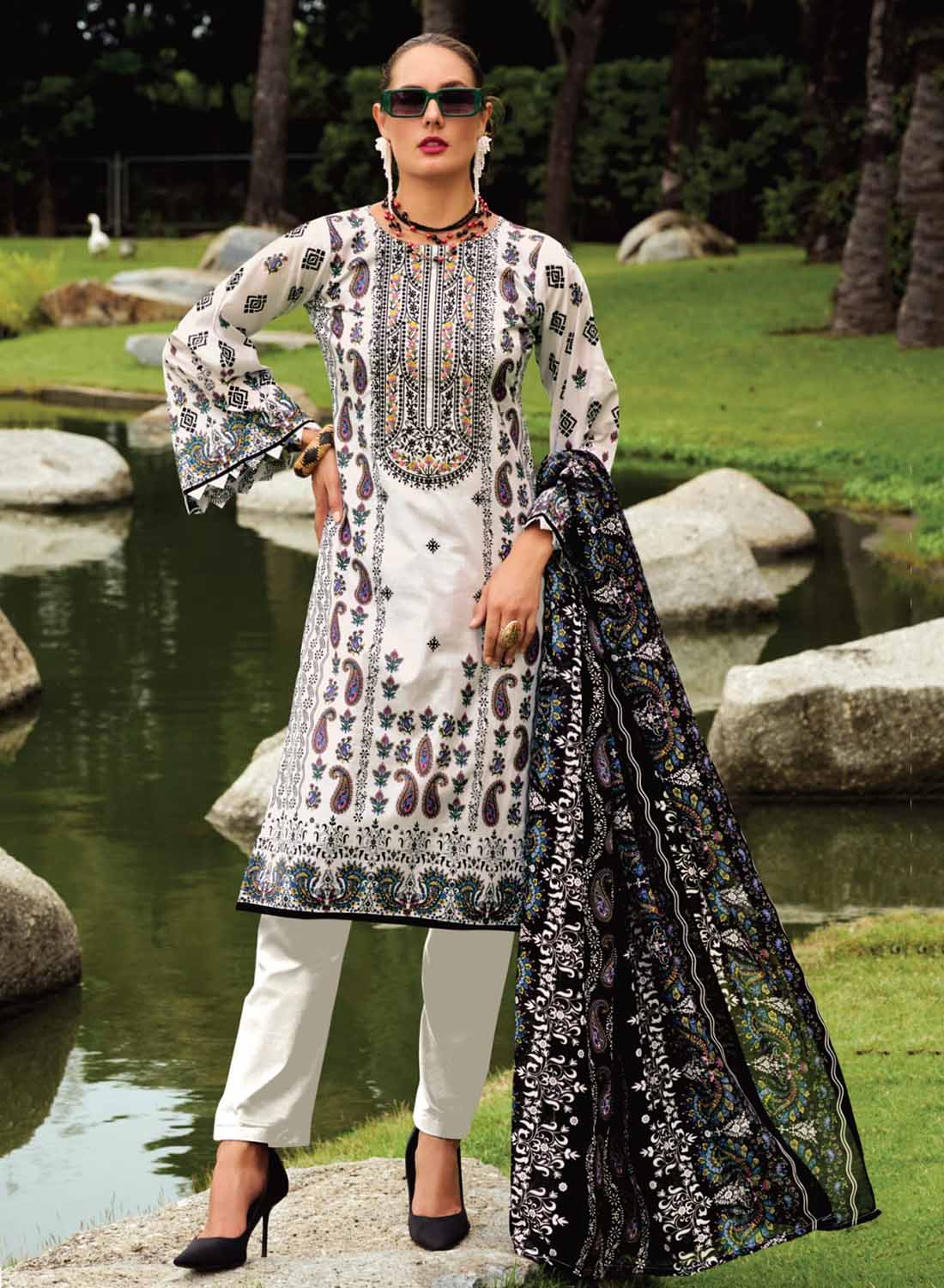 White Pakistani Print Unstitched Pure Cotton Suit Material With Embroidery