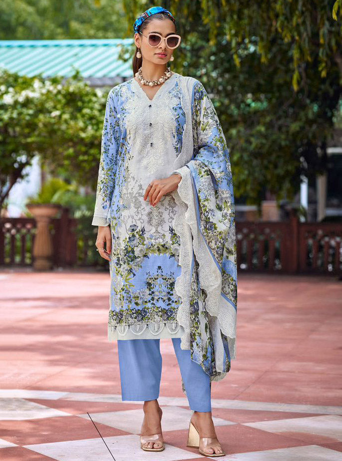 Cotton Pakistani Suit Blue Unstitched Material with Embroidery Patch