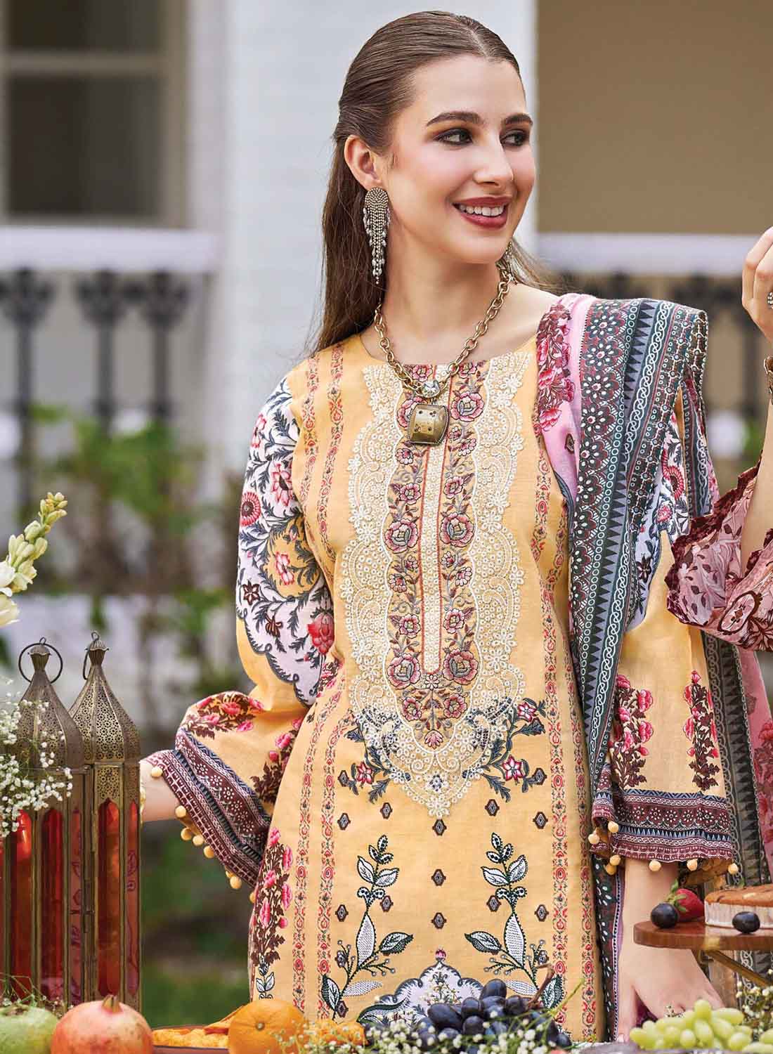 Pakistani Print Unstitched Pure Cotton Suit Fabric with Embroidery