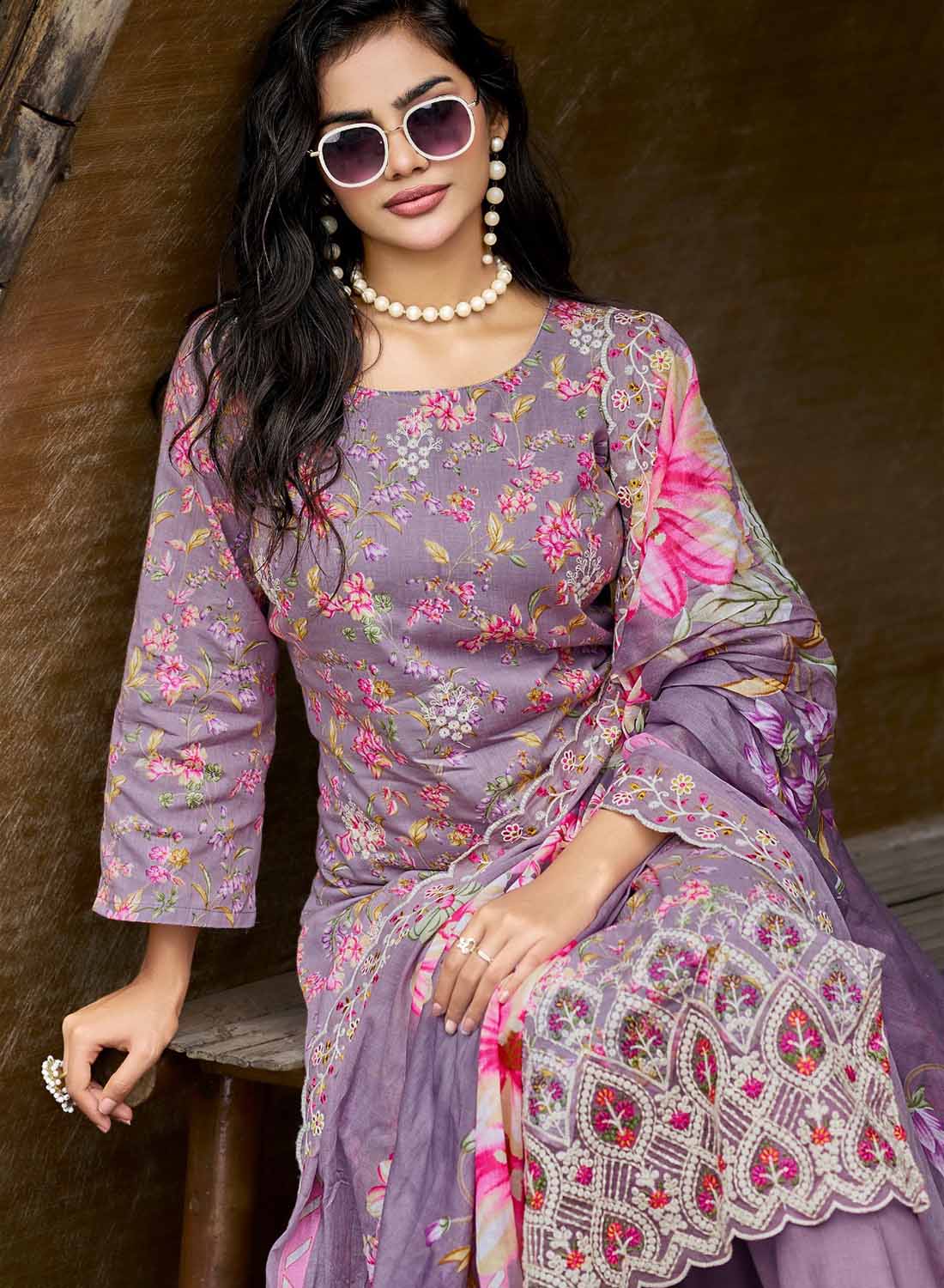 Pakistani Cotton Suit Dress Material for Women Unstitched with Embroidery Purple