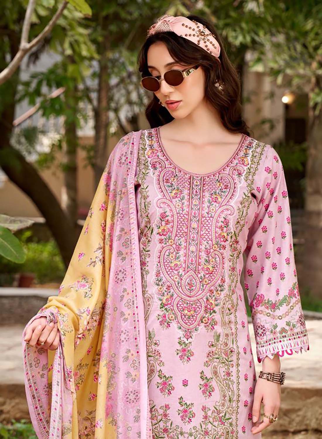 Pakistani Print Pure Cotton Pink Unstitched Suit Material with Embroidery