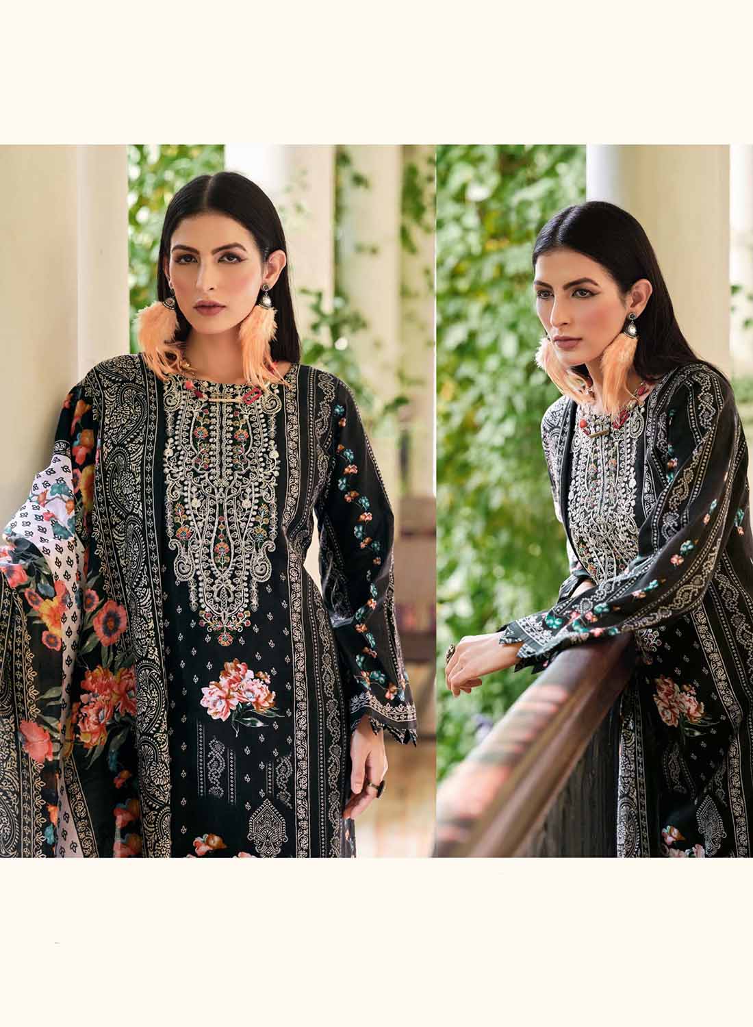 Pakistani Print Black Unstitched Pure Cotton Suit Material with Embroidery