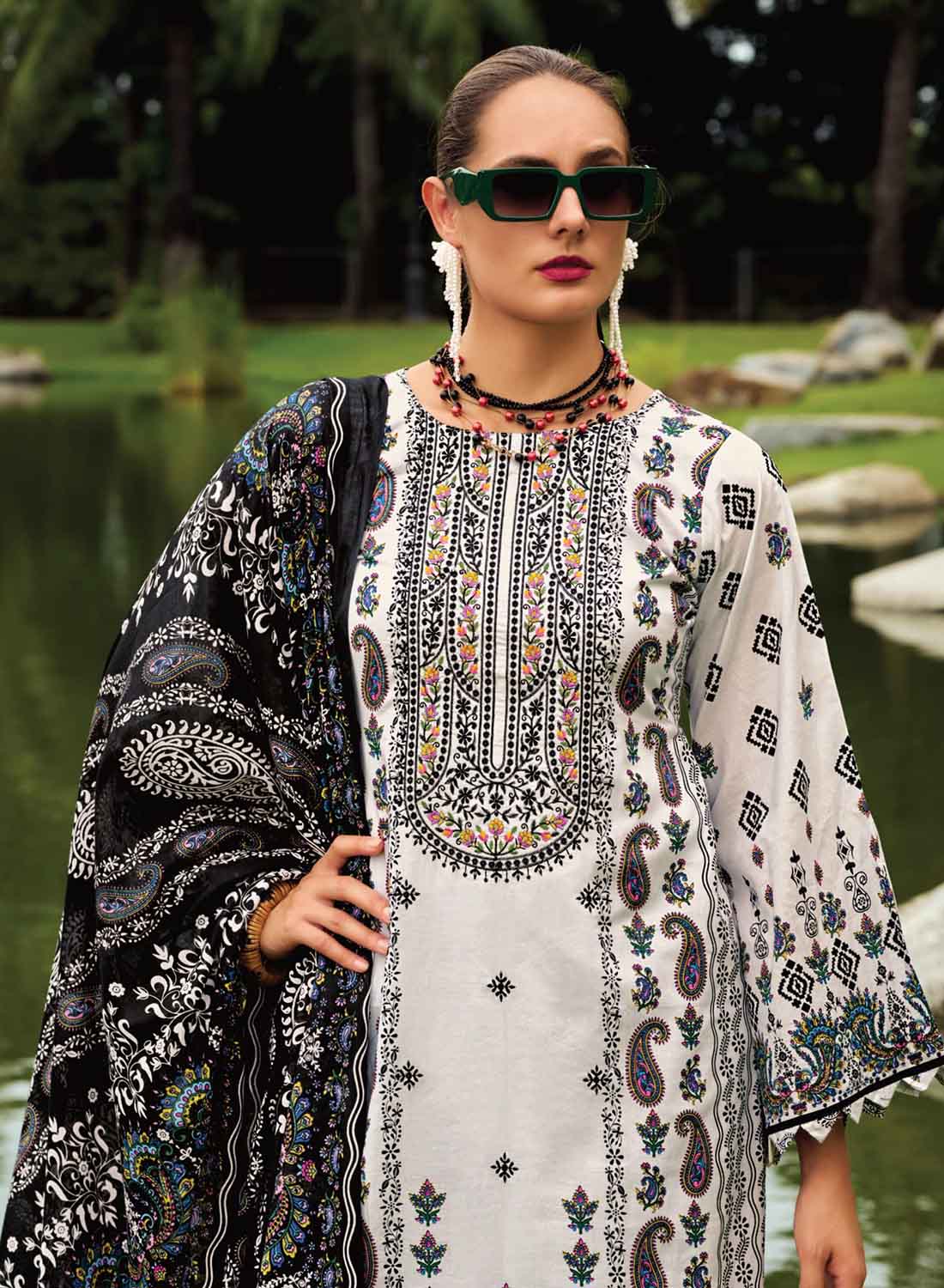 White Pakistani Print Unstitched Pure Cotton Suit Material With Embroidery