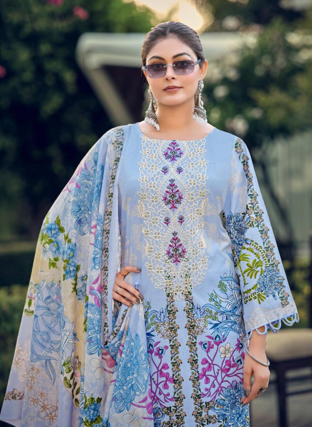 Pure Cotton Blue Pakistani Print Unstitched Suit Material with Embroidery