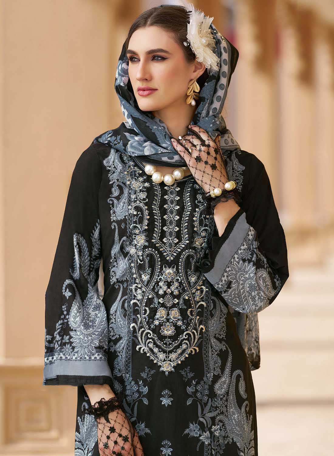 Pakistani Print Black Unstitched Pure Cotton Salwar Suit Material with Embroidery