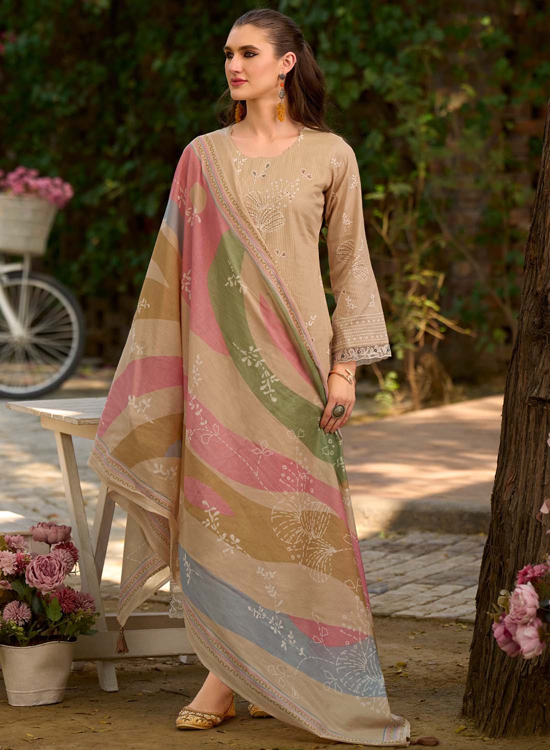 Soft Lawn Cotton Brown Unstitched Salwar Suit Material for Women