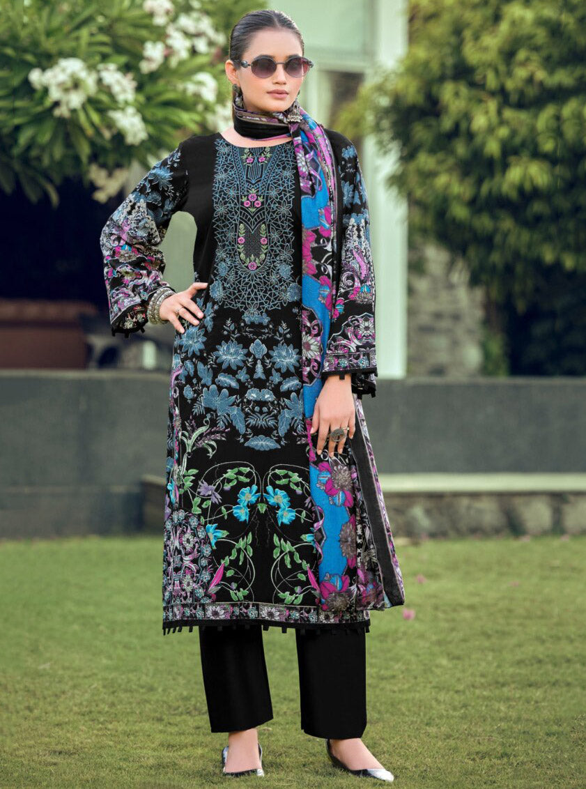 Black Pure Cotton Pakistani Print Unstitched Suit Material with Embroidery