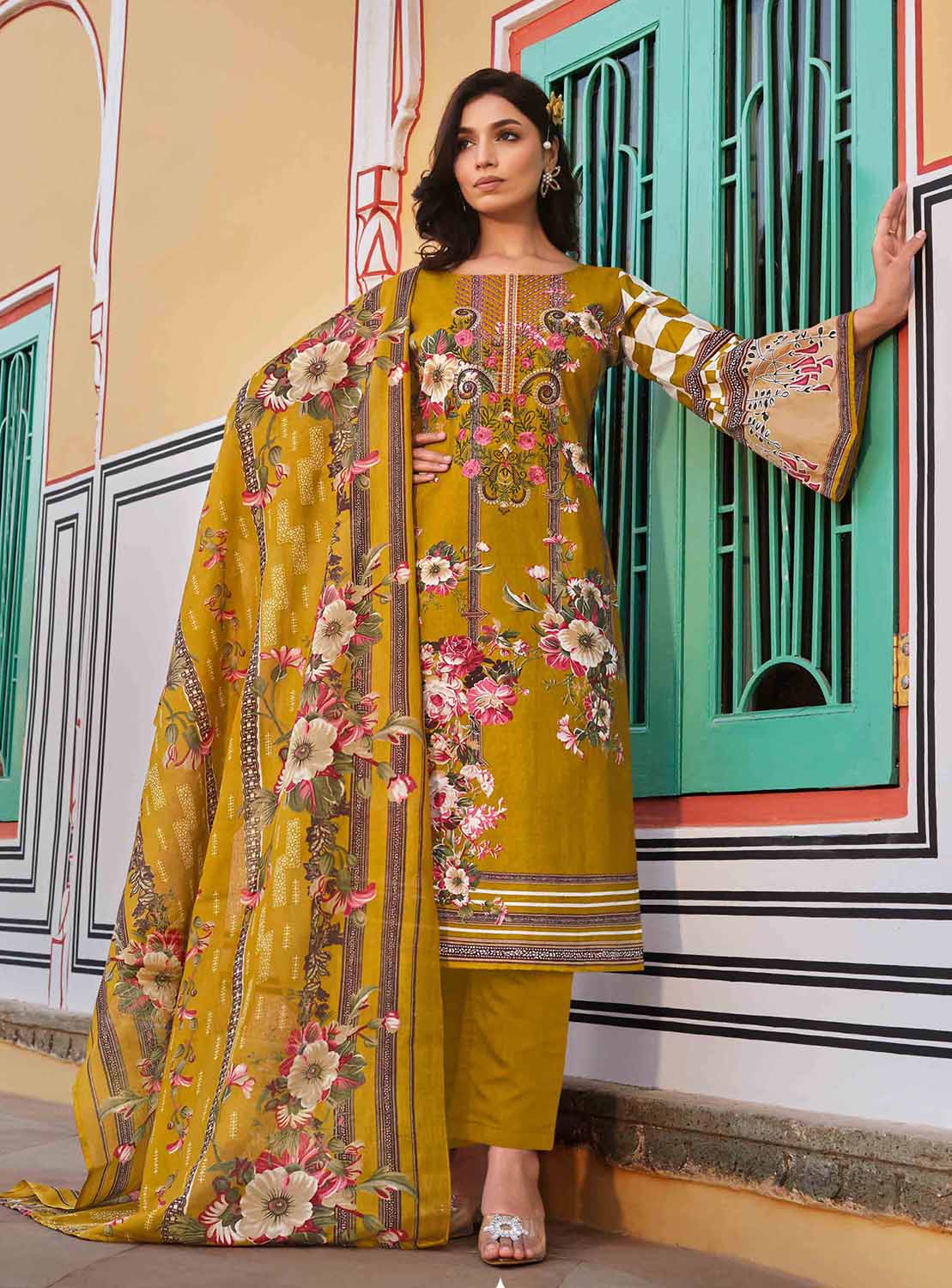 Belliza Pakistani Print Yellow Unstitched Women Cotton Suit Material