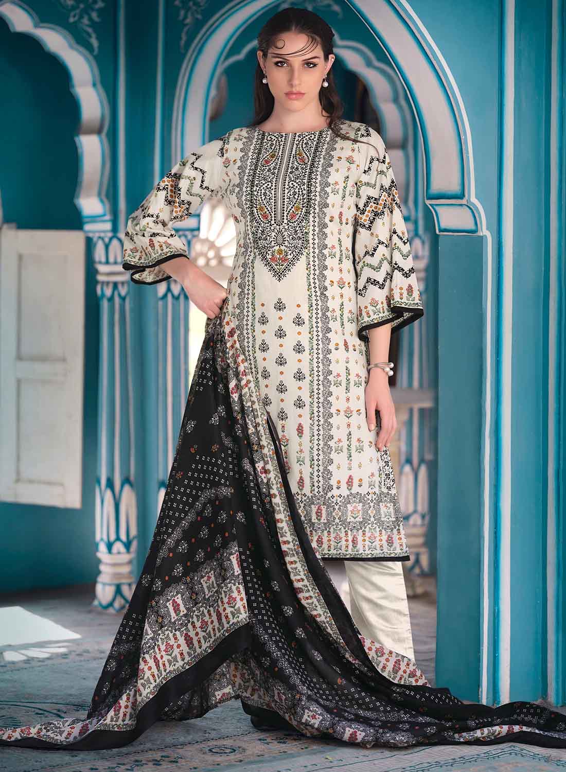 Women's White Pakistani Print Unstitched Cotton Salwar Suit Material
