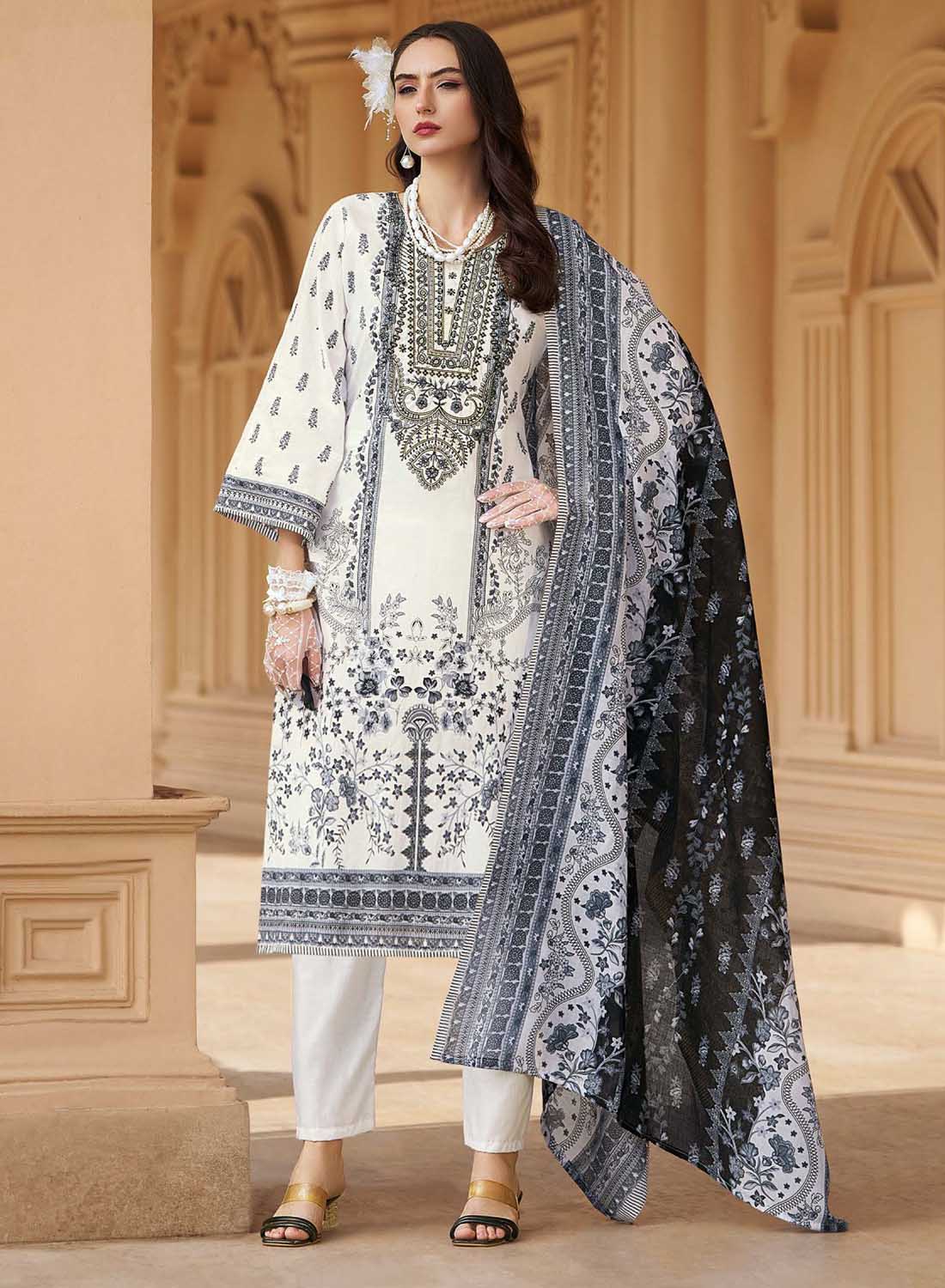 Pakistani Print Unstitched Pure Cotton Salwar Suit Dress Material with Embroidery