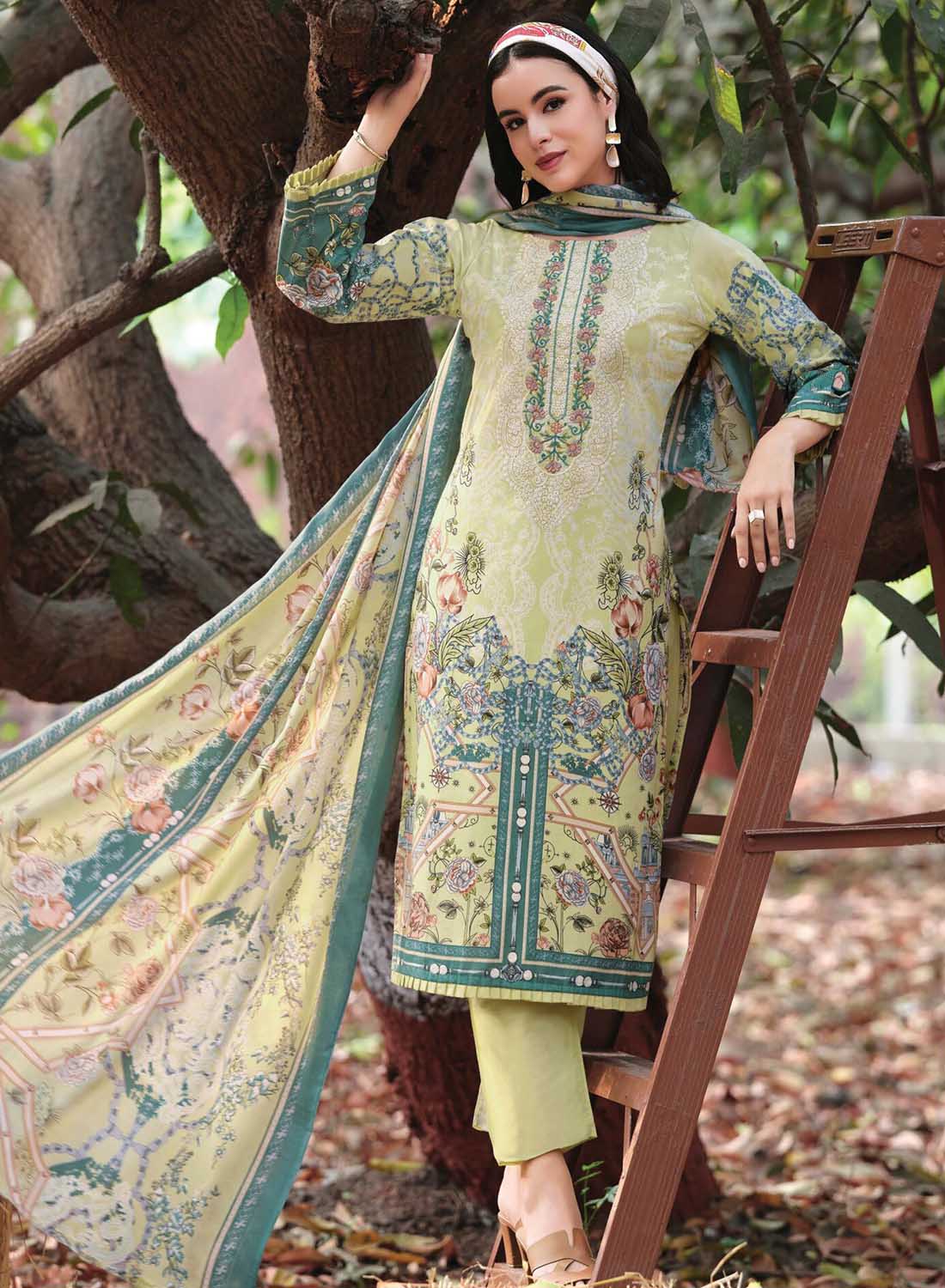 Pakistani Print Green Unstitched Pure Cotton Suit Material with Embroidery