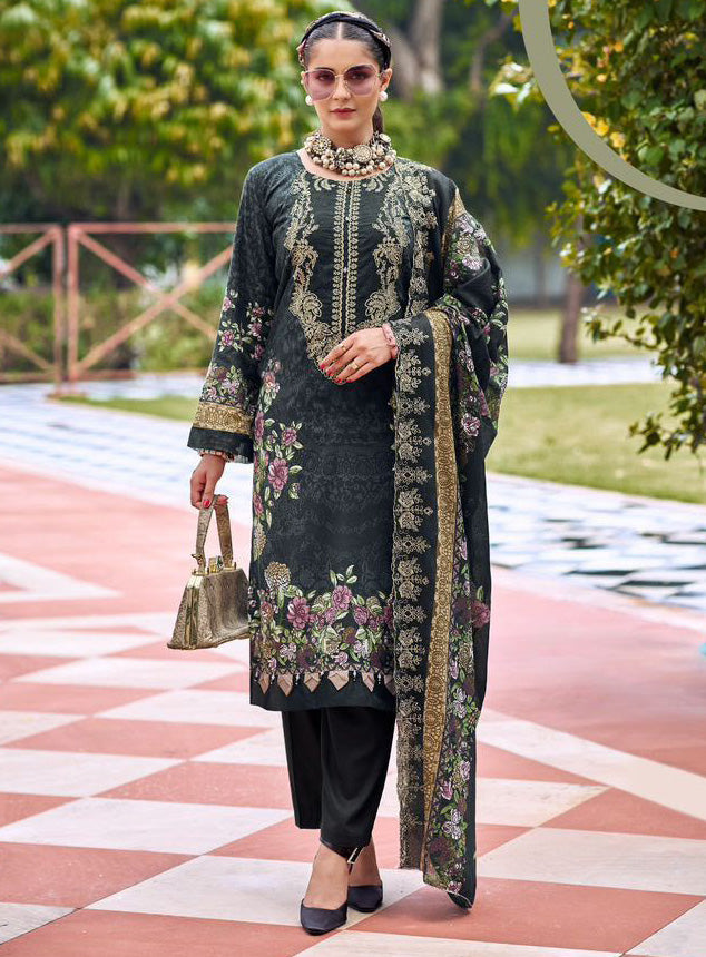 Cotton Pakistani Suit Black Unstitched Material with Embroidery Patch
