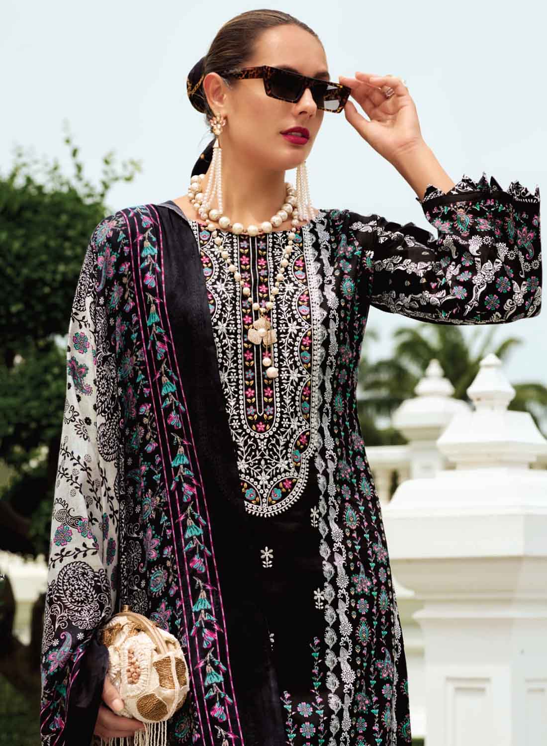 Pakistani Print Unstitched Pure Cotton Suit Material with Embroidery