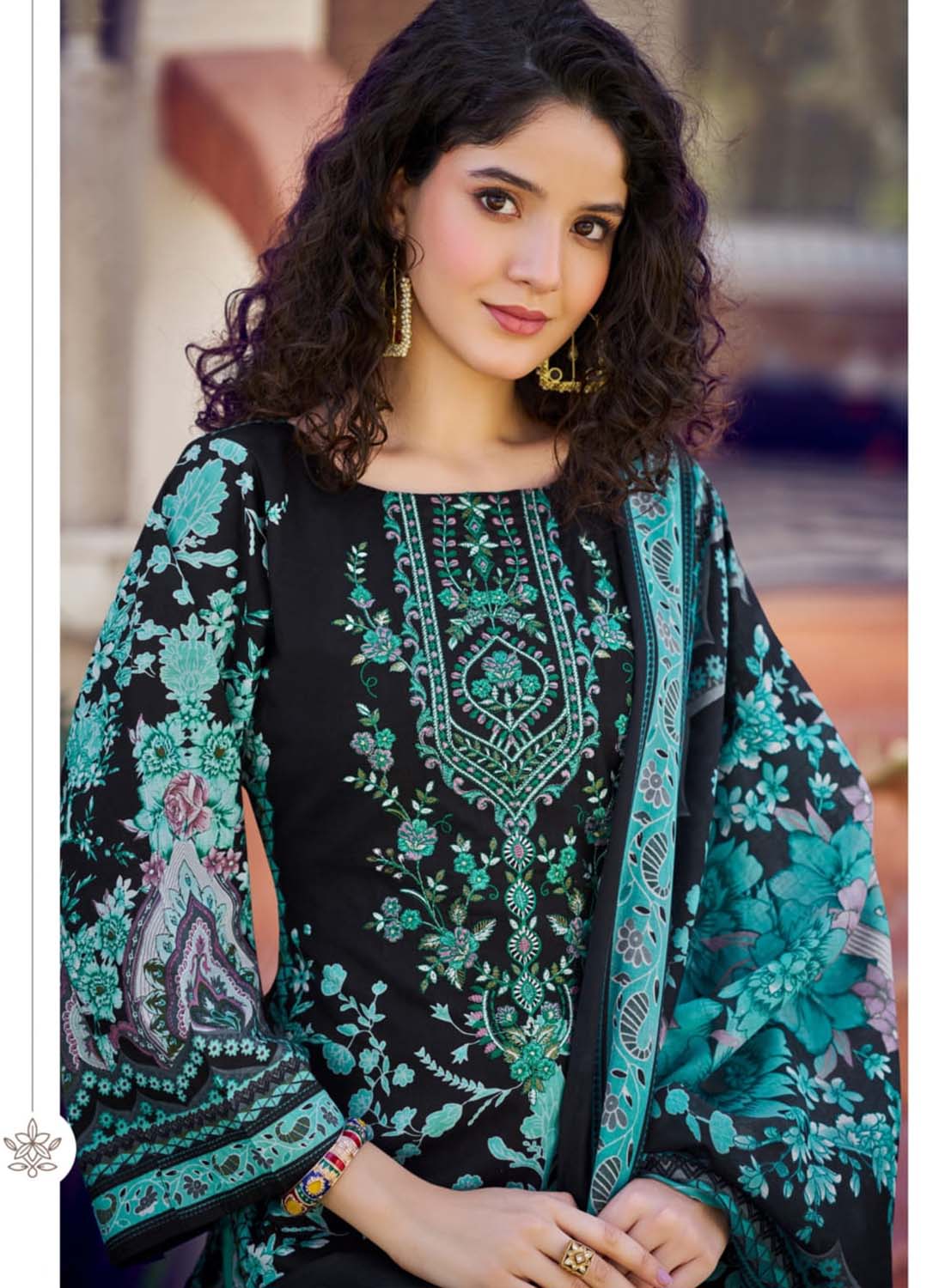 Black Pakistani Print Unstitched Pure Cotton Salwar Suit Material