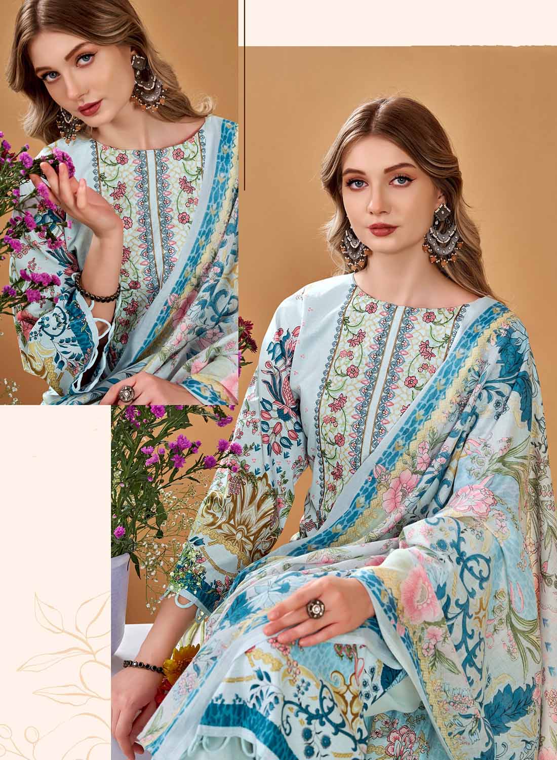 Pakistani Print Unstitched Pure Cotton Salwar Suit Material with Embroidery