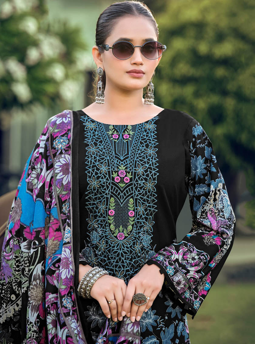 Black Pure Cotton Pakistani Print Unstitched Suit Material with Embroidery