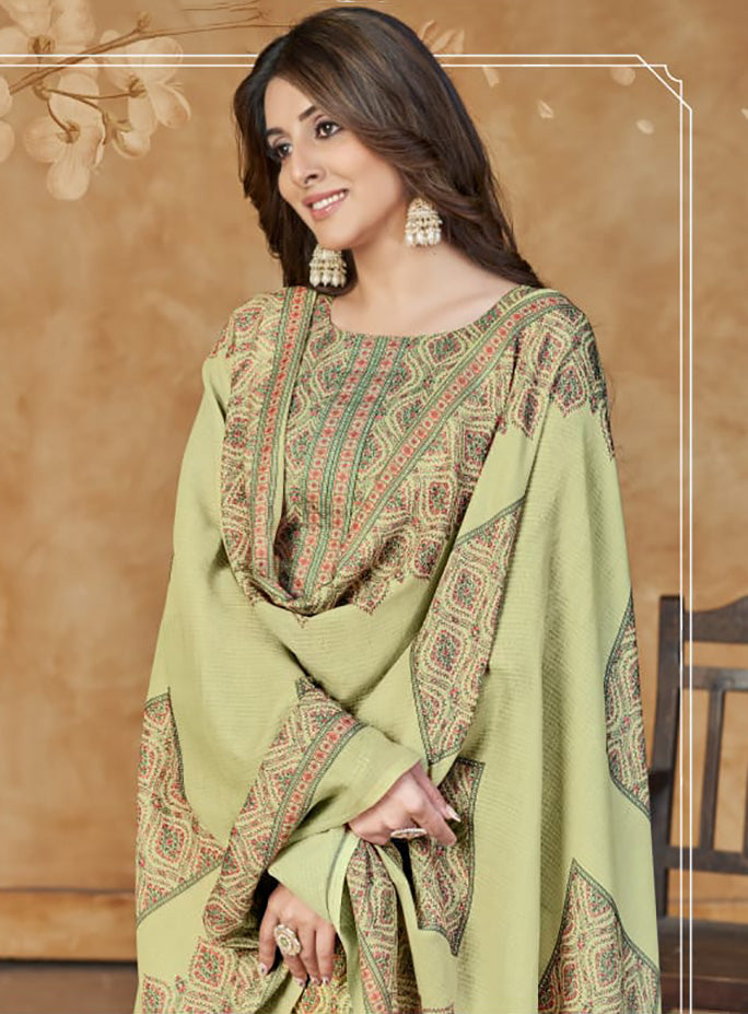 Women's Cotton Satin Green Unstitched Salwar Suit with Dupatta