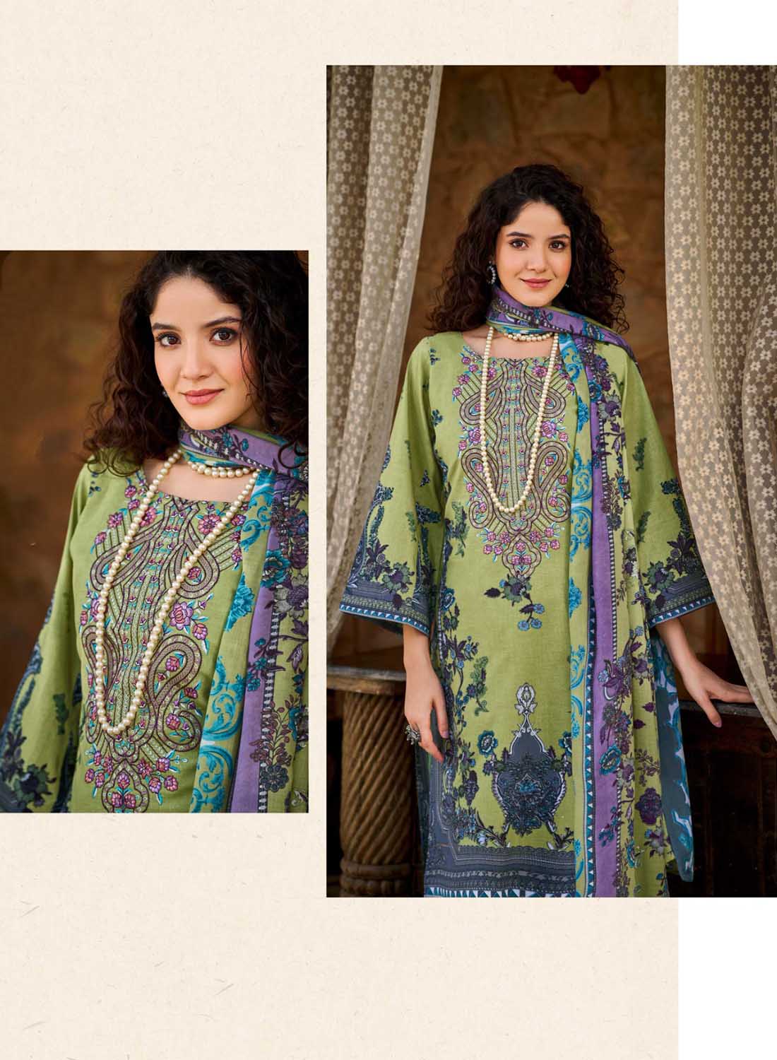 Green Pakistani Print Unstitched Pure Cotton Suit Material with Dupatta