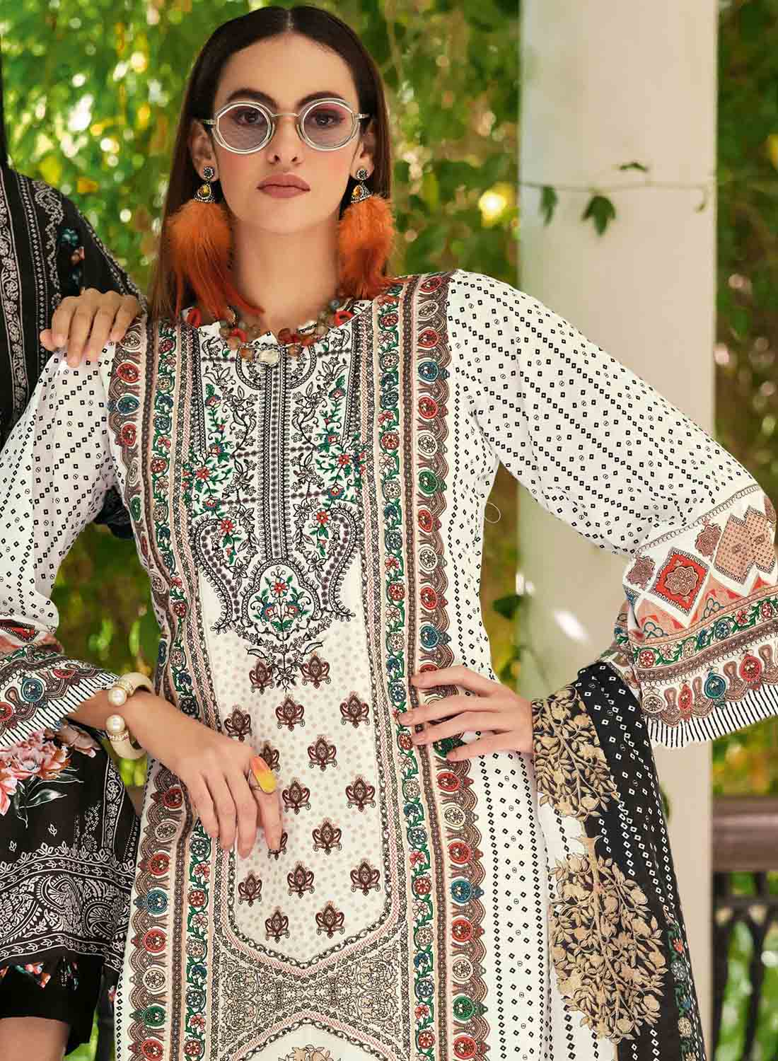 Pakistani Print White Unstitched Pure Cotton Suit Material with Embroidery