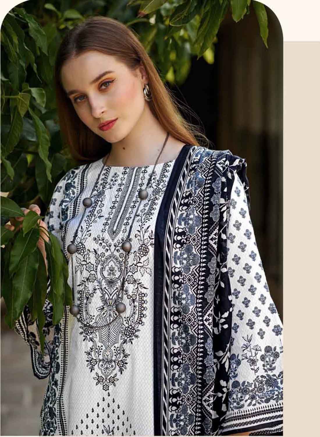 Pakistani Print Unstitched Pure Cotton Suit Material with Embroidery