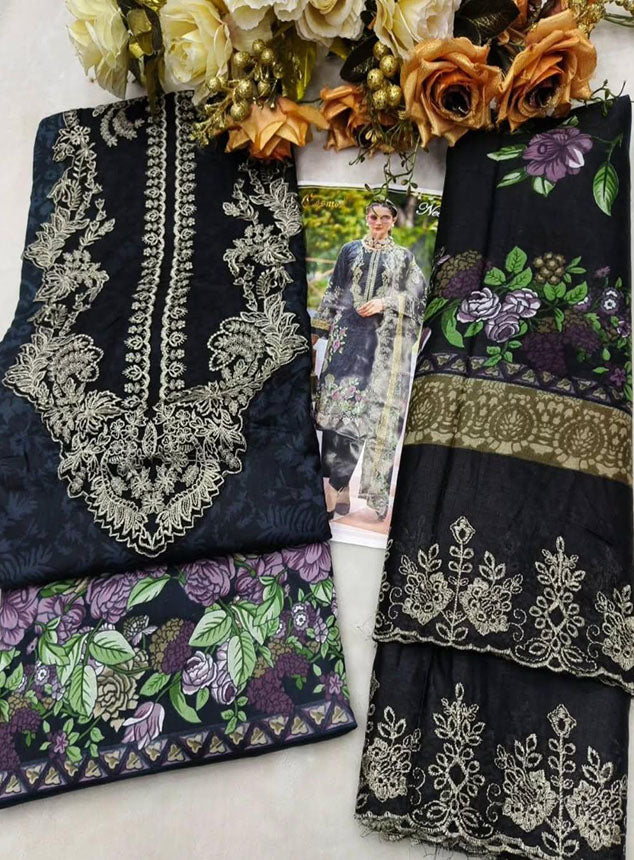 Cotton Pakistani Suit Black Unstitched Material with Embroidery Patch