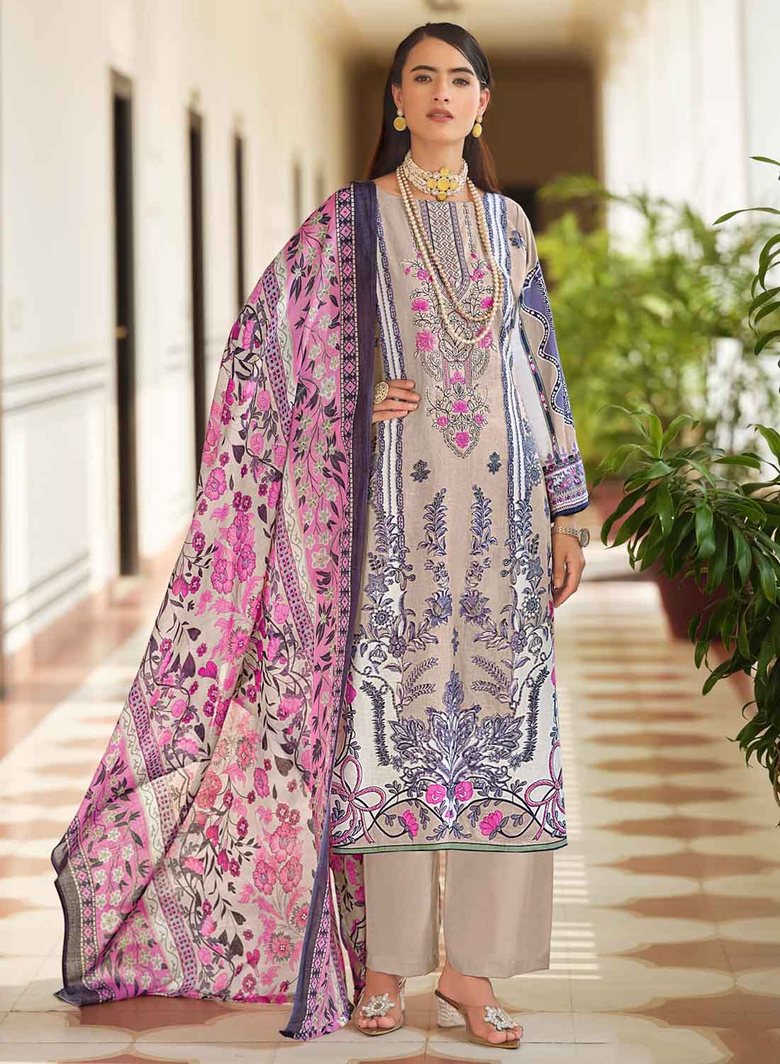 Women's Pakistani Print Brown Unstitched Cotton Suit Dress Material