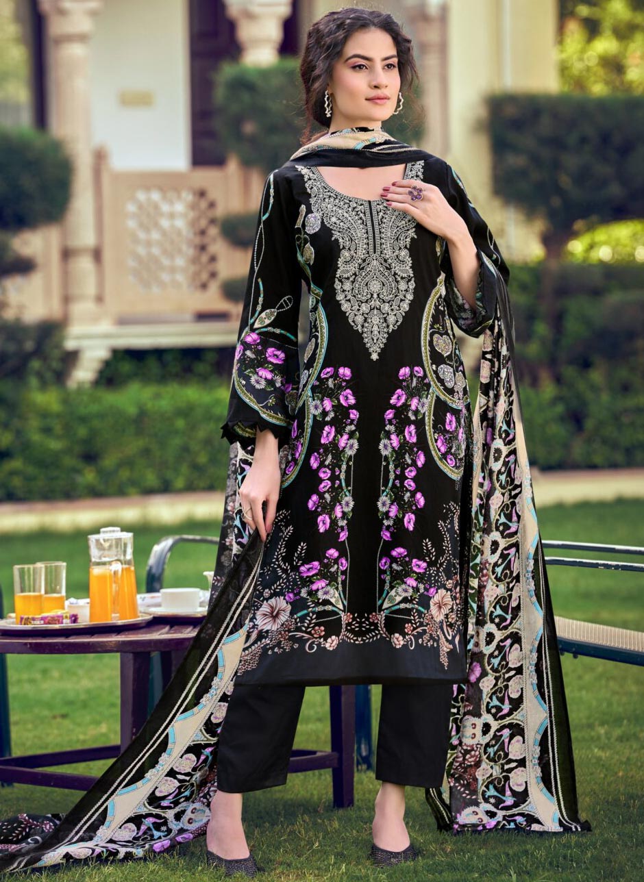 Pure Cotton Black Pakistani Print Unstitched Suit Material with Embroidery