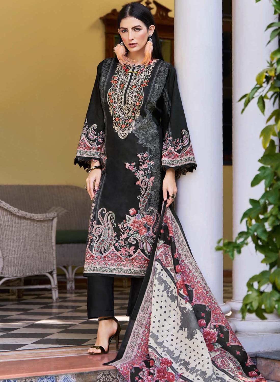 Pakistani Print Black Unstitched Pure Cotton Suit Set Material with Embroidery