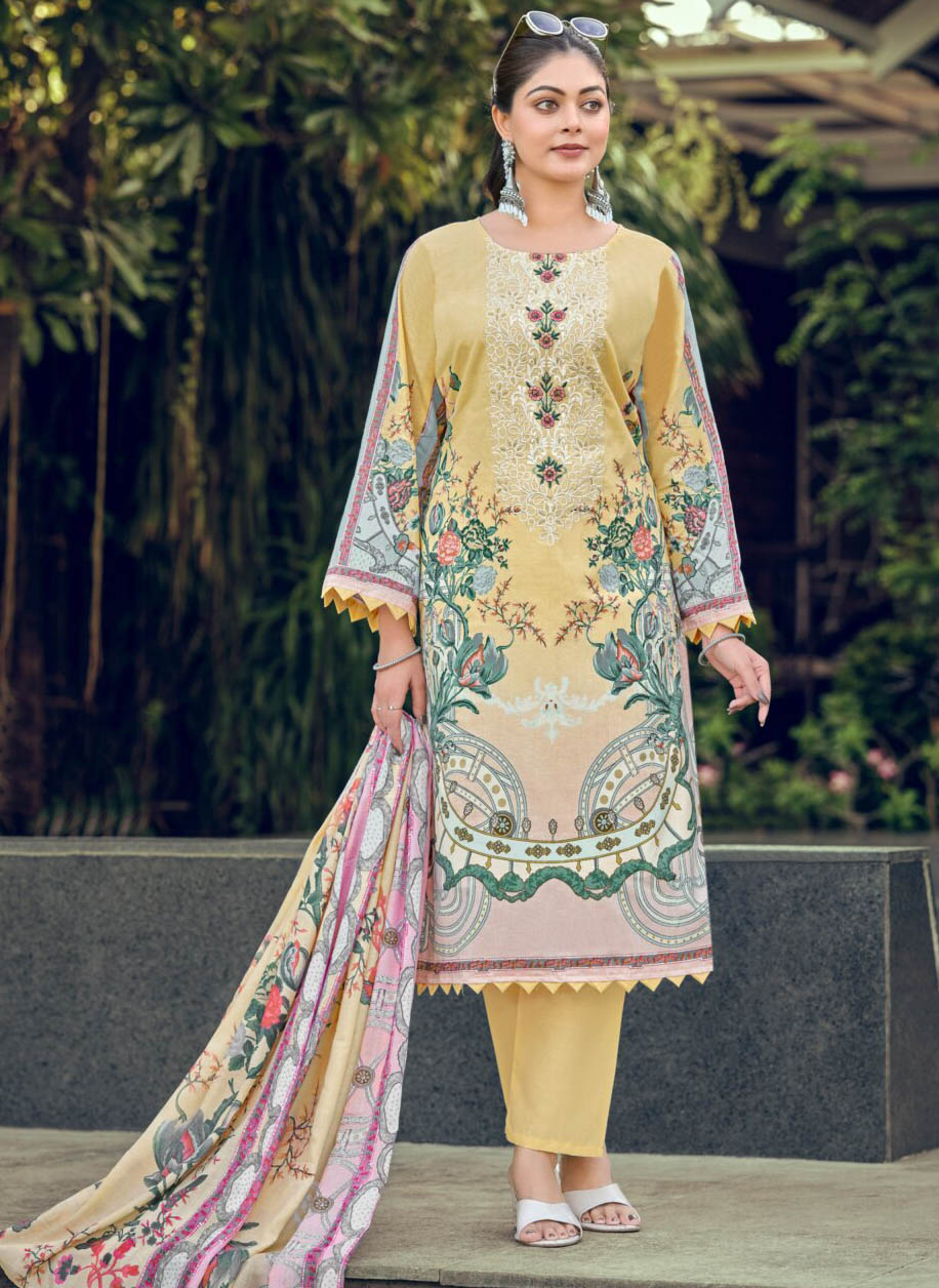 Pure Cotton Beige Pakistani Print Unstitched Suit Material with Embroidery