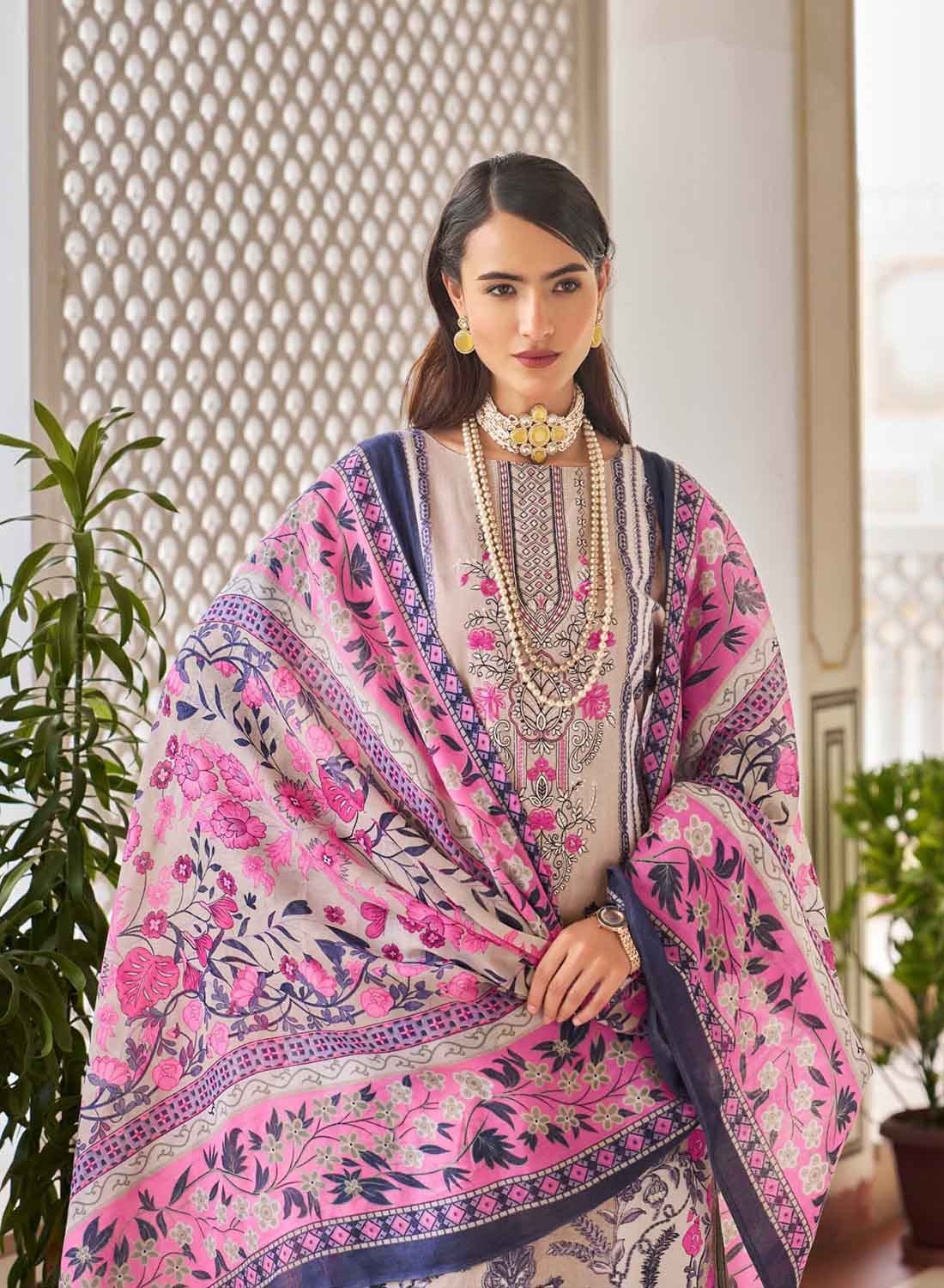 Women's Pakistani Print Brown Unstitched Cotton Suit Dress Material