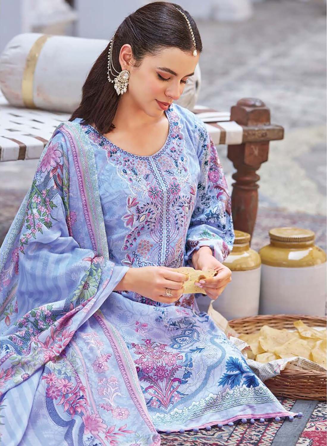 Pakistani Print Unstitched Pure Cotton Suit Material with Embroidery