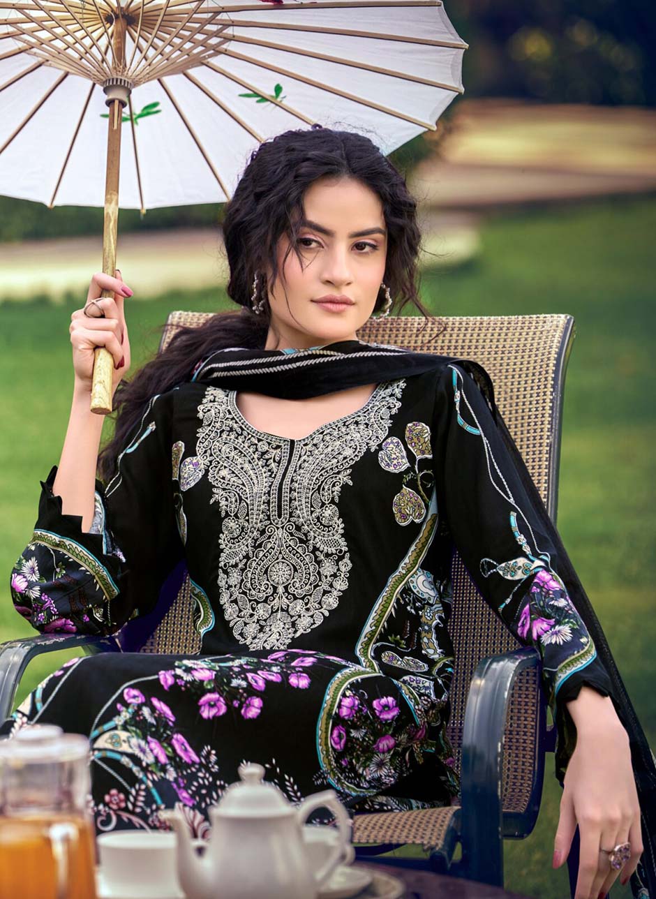 Pure Cotton Black Pakistani Print Unstitched Suit Material with Embroidery