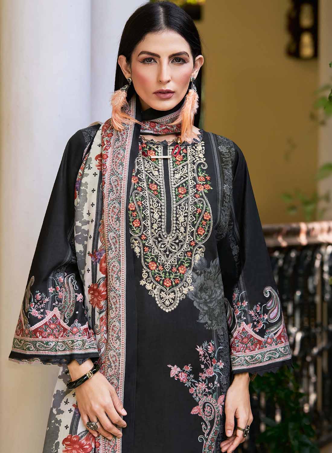 Pakistani Print Black Unstitched Pure Cotton Suit Set Material with Embroidery