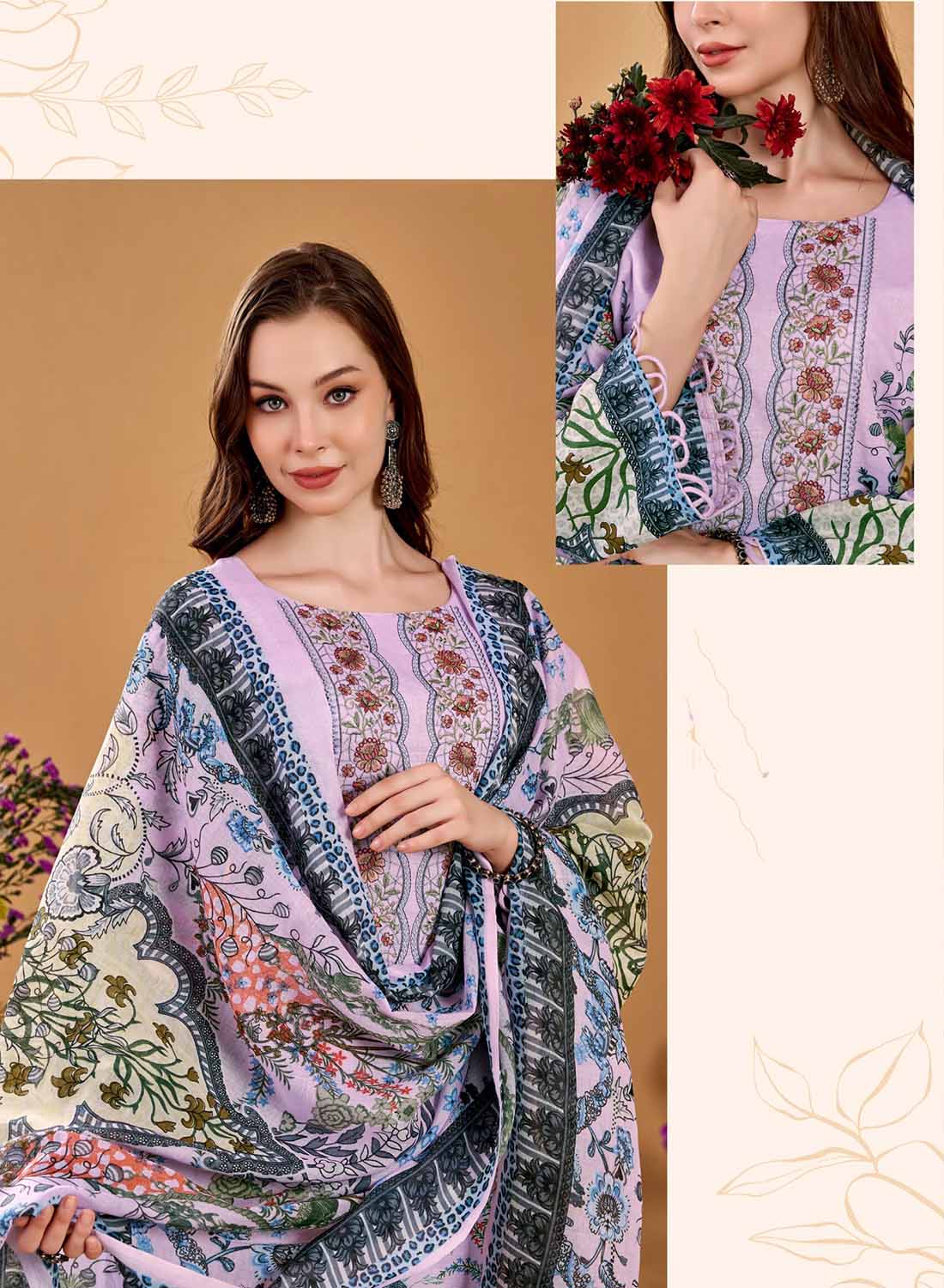 Pakistani Print Pink Unstitched Pure Cotton Suit Dress Material with Embroidery