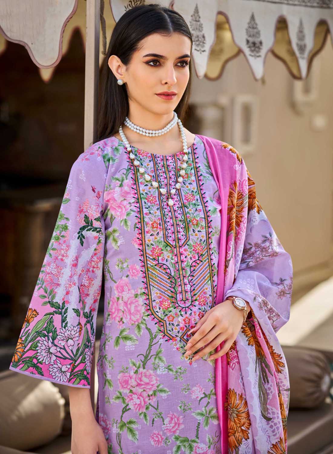 Purple Pakistani Print Unstitched Pure Cotton Suit Set Dress Material