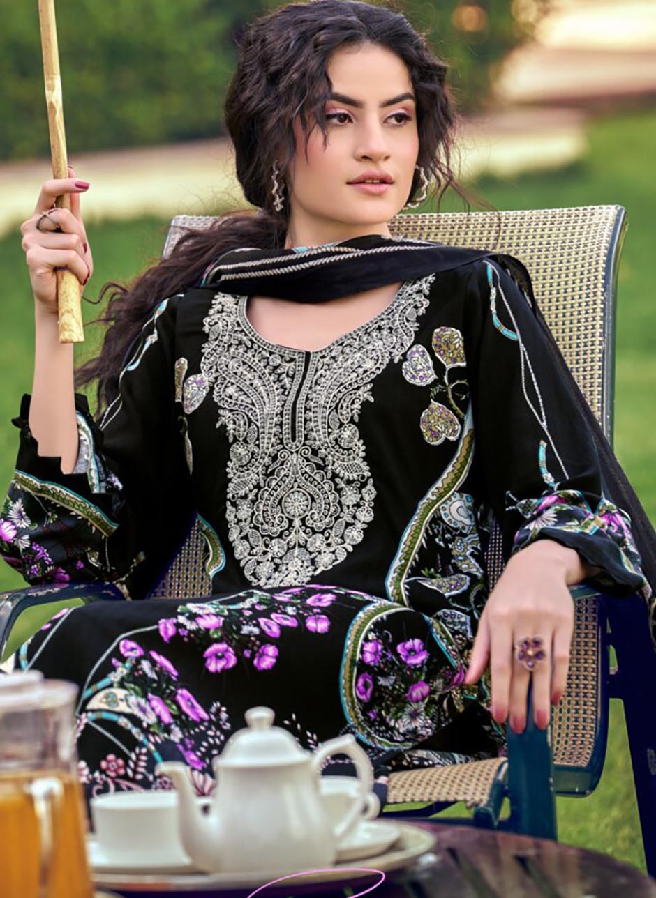 Pure Cotton Black Pakistani Print Unstitched Suit Material with Embroidery