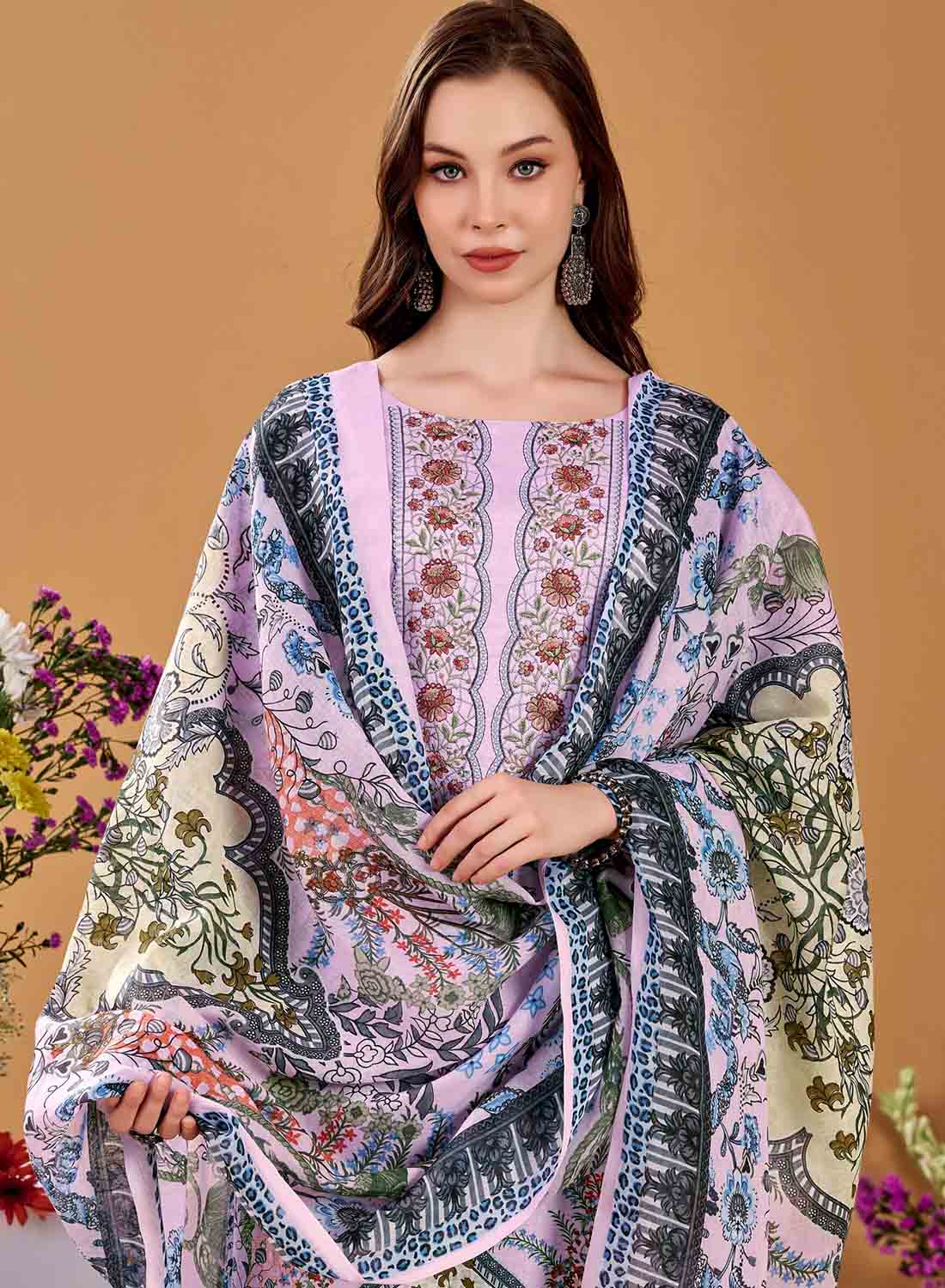 Pakistani Print Pink Unstitched Pure Cotton Suit Dress Material with Embroidery