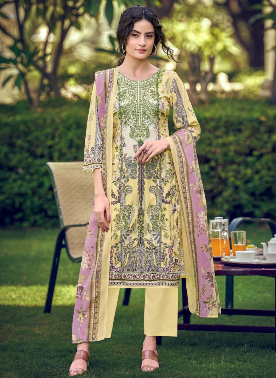 Women's Pure Cotton Pakistani Print Unstitched Suit Material with Embroidery