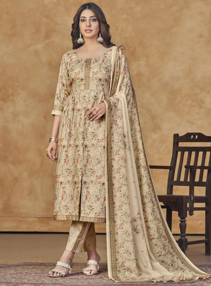 Women's Beige Unstitched Cotton Satin Suit Dress Material with Dupatta