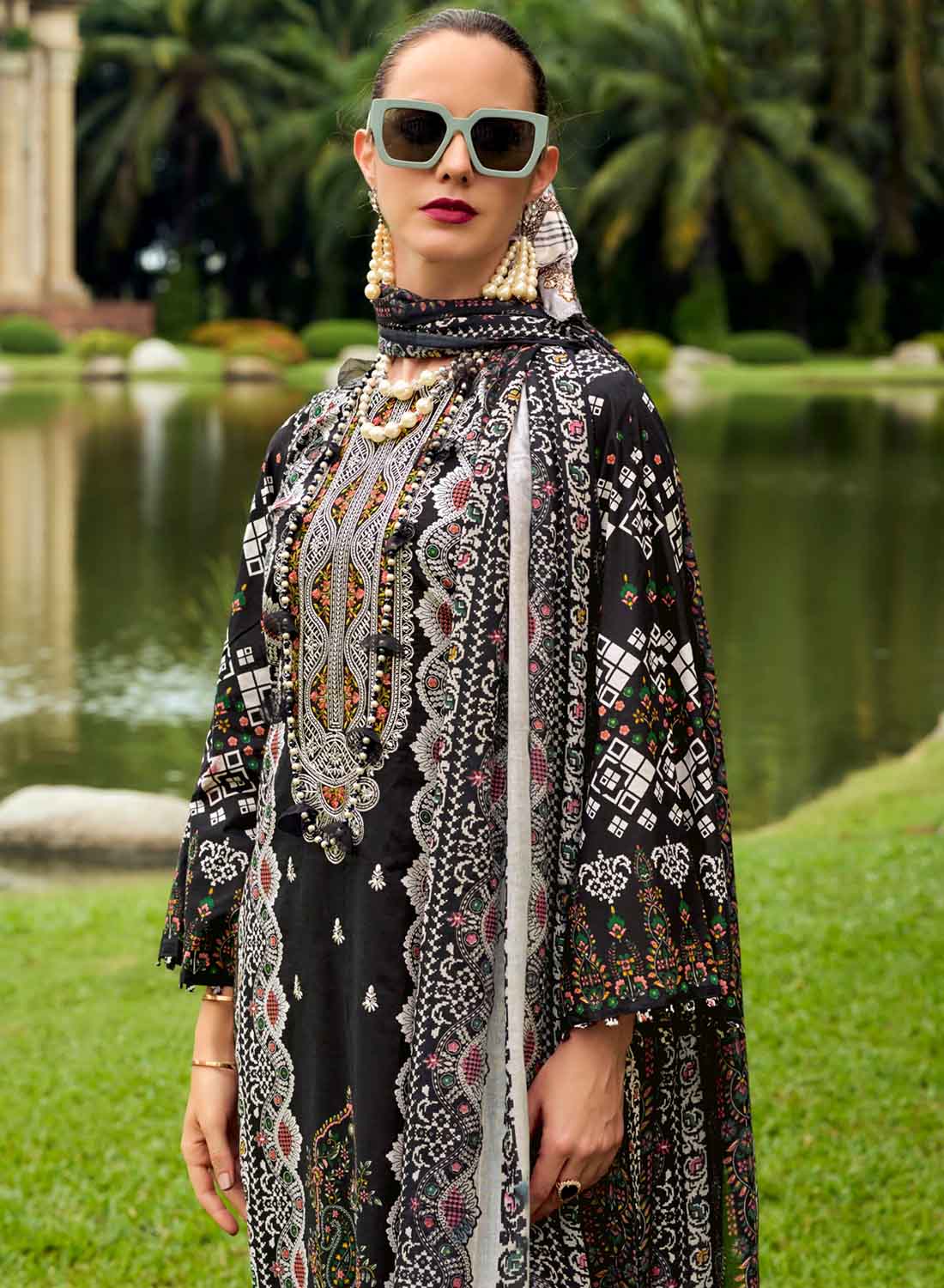 Black Pakistani Print Unstitched Pure Cotton Suit Material with Embroidery