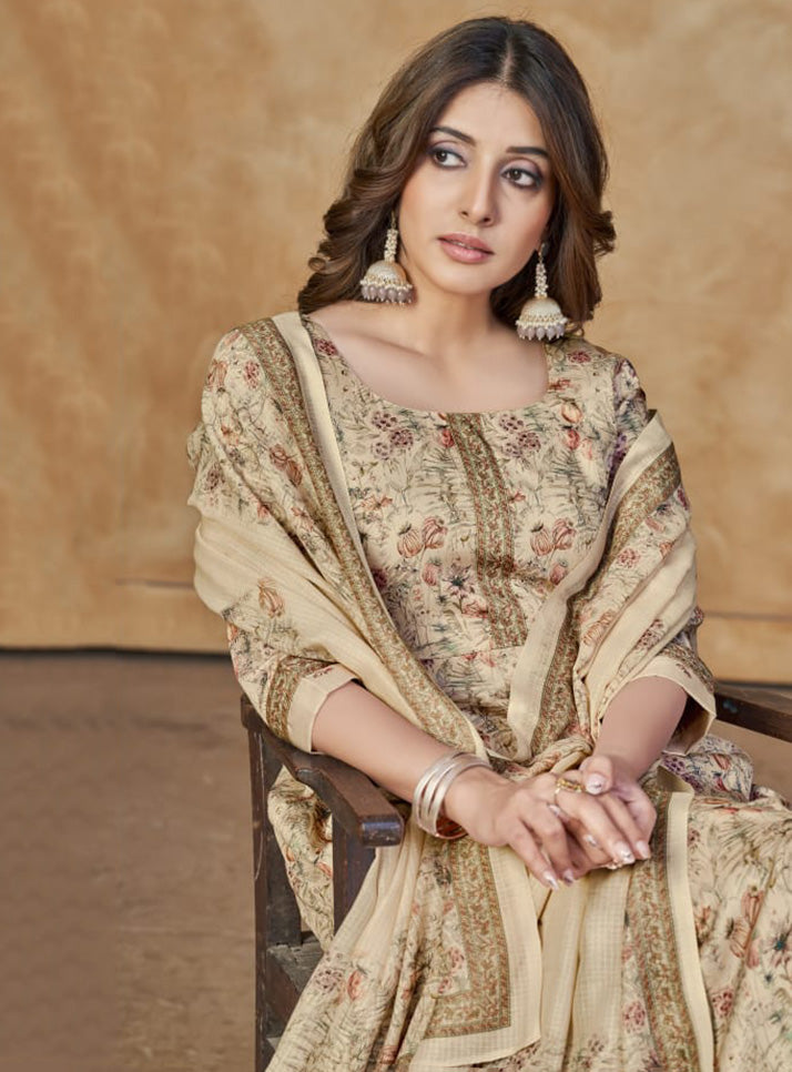 Women's Beige Unstitched Cotton Satin Suit Dress Material with Dupatta