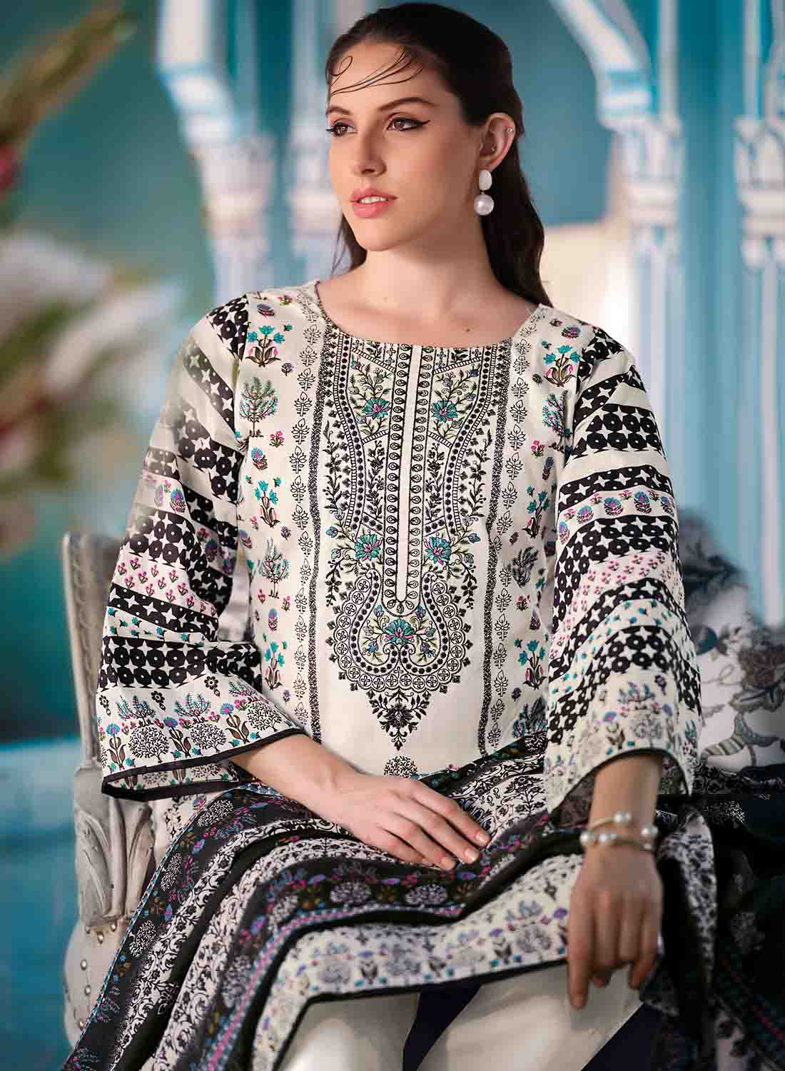 White Pakistani Print Unstitched Cotton Salwar Suit Material for Ladies